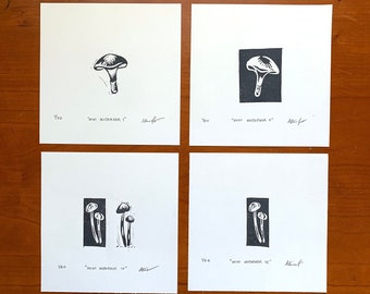 Mini Mushroom hand printed linoleum prints || original fungi block prints