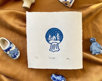 Snow Globe original art linoleum print || hand printed blue holiday artwork || Christmas unique handmade whimsical gift