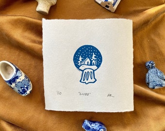 Snow Globe original art linoleum print || hand printed blue holiday artwork || Christmas unique handmade whimsical gift