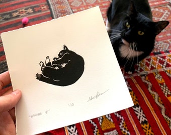 Black Cat Mini Linocut Print || original handprinted kitty lover block print || cute unique cat wall art || Christmas holiday gift