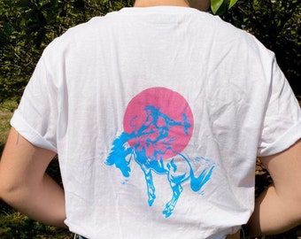 Hand-Printed Trans Cowboy T-shirt || transgender flag shirt || pink blue white western queer transmasc clothing || comfy pride holiday gift