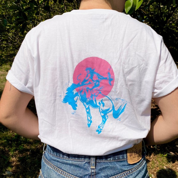 Hand-Printed Trans Cowboy T-shirt || transgender flag shirt || pink blue white western queer transmasc clothing || comfy pride holiday gift