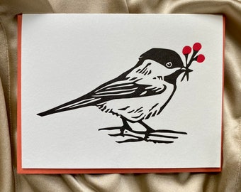 Chickadee with Berries Letterpress Printed Holiday Card | original linocut bird handmade Christmas cards set