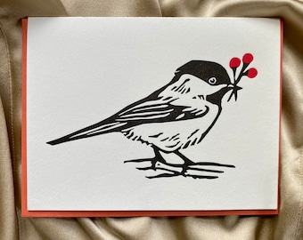 Chickadee with Berries Letterpress Printed Holiday Card | original linocut bird handmade Christmas cards set