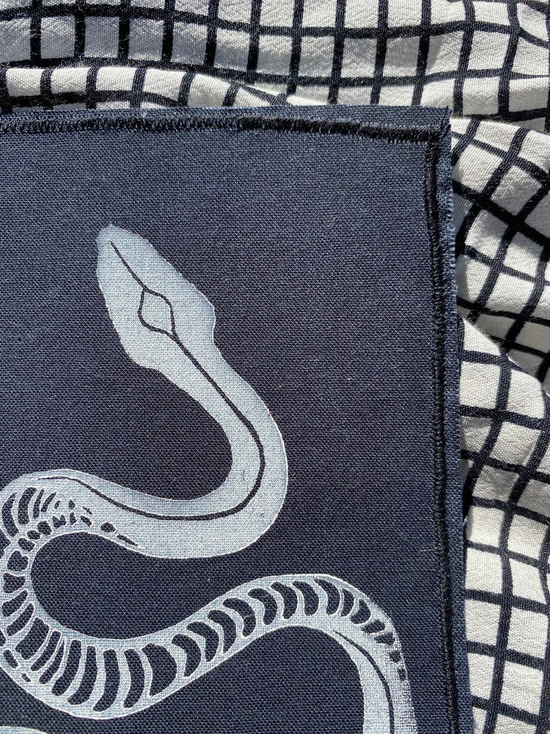 Snake Hand Printed Cotton Patch block print iron on patch for jacket punk accessories notions mending fabric cotton quilting square image 4