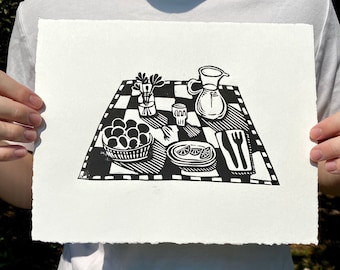 Rustic Table Setting Handmade Linocut Print || block printed elegant black and white original artwork ||
