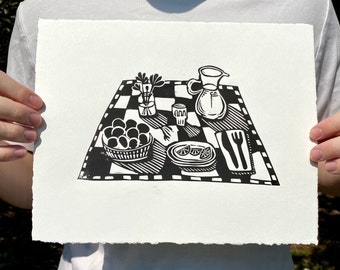 Rustic Table Setting Handmade Linocut Print || block printed elegant black and white original artwork ||