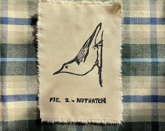 Nuthatch Hand Printed Cotton Patch | block print iron on patch for jacket | punk accessories | notions mending fabric cotton quilting square