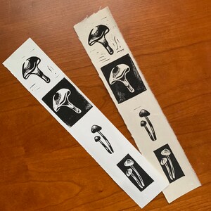 Mushroom hand printed bookmark || set of two block printed fungi bookmarks || black and white linocut book lover gift