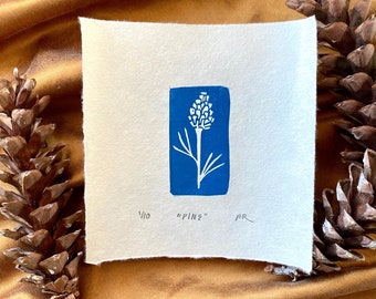 Pine Branch original art linoleum print || hand printed blue holiday artwork || Christmas unique handmade whimsical gift