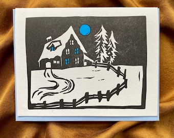 Cozy Winter Cottage letterpress printed holiday card | original linocut handmade Christmas card set