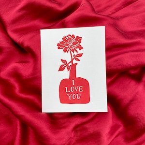 Flower in Vase Love Letterpress Printed Card Valentine's Day original linocut handmade cards set image 1