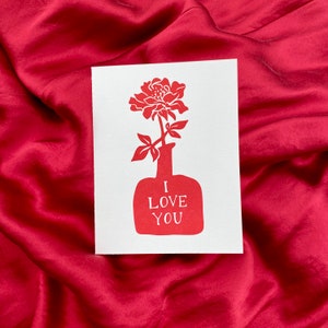 Flower in Vase Love Letterpress Printed Card Valentine's Day original linocut handmade cards set image 1