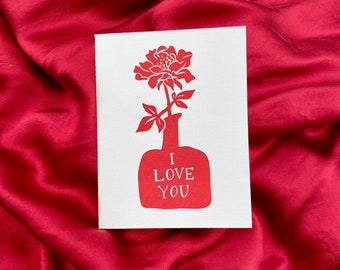 Flower in Vase Love Letterpress Printed Card | Valentine's Day original linocut handmade cards set