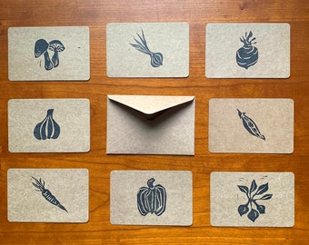 mini veggie hand printed cards | block printed original handmade tiny card set | black and white vegetable love notes