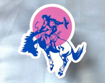 Trans Flag Cowboy Vinyl Sticker | matte pink and blue western horse and cowboy