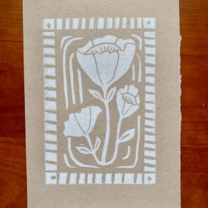 white and tan flower print | hand made block print | folk art flower hand carved linocut