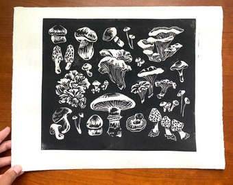 Mushroom Hand Carved Limited Edition Block Print || original art fungi botanical black white linoleum || fall halloween decor