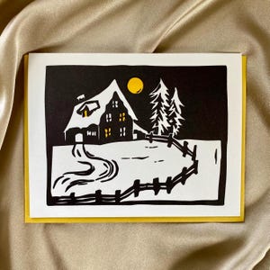 Gemütliche Winter Cottage Letterpress Weihnachtskarte | Original Linoldruck Weihnachtskarten Set