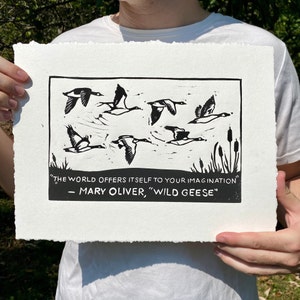 Mary Oliver &quot;Wild Geese&quot; Inspired Limited Edition Linocut Print || original handmade bird block print || nature artwork || wildlife lover