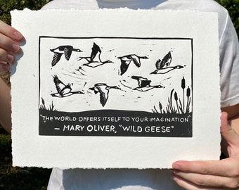 Mary Oliver Wild Geese Linocut Print | Handmade Bird Block Print, Limited Edition
