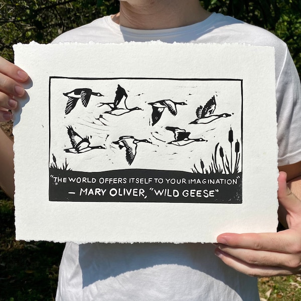 Mary Oliver Wild Geese Linocut Print | Handmade Bird Block Print, Limited Edition