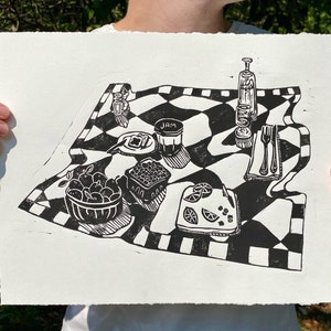 Picnic Limited Edition Linocut Print || hand printed alice in wonderland tea party whimsical  artwork ||  cottagecore