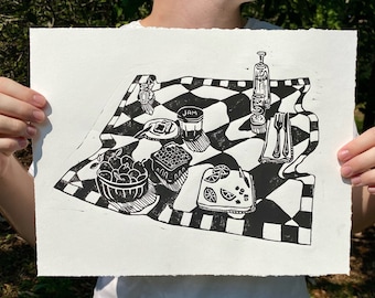 Picnic Limited Edition Linocut Print || hand printed alice in wonderland tea party whimsical  artwork ||  cottagecore