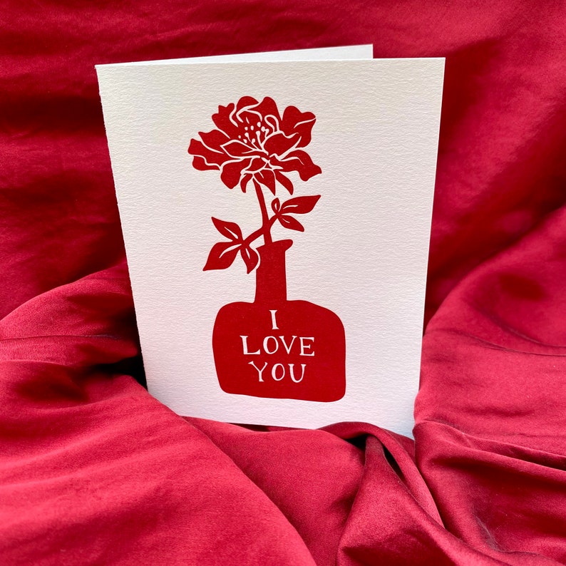 Flower in Vase Love Letterpress Printed Card Valentine's Day original linocut handmade cards set image 3