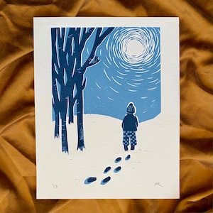 Impresión original de linograbado de edición limitada Moon Gazing // Regalo de Navidad con impresión en bloque con temática de invierno