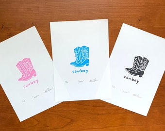 Cowboy Boots Mini Block Print || original art pink blue black western || hand printed linocut || trans flag cowboy boots