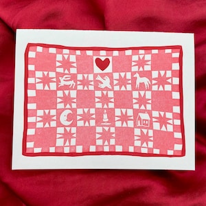 Quilt liefde boekdruk gedrukte kaart | Rode en roze Valentijnsdag originele linosnede handgemaakte kaartenset