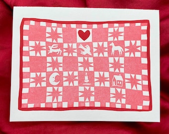 Quilt Love Letterpress Printed Card | Red and Pink Valentine's Day original linocut handmade cards set