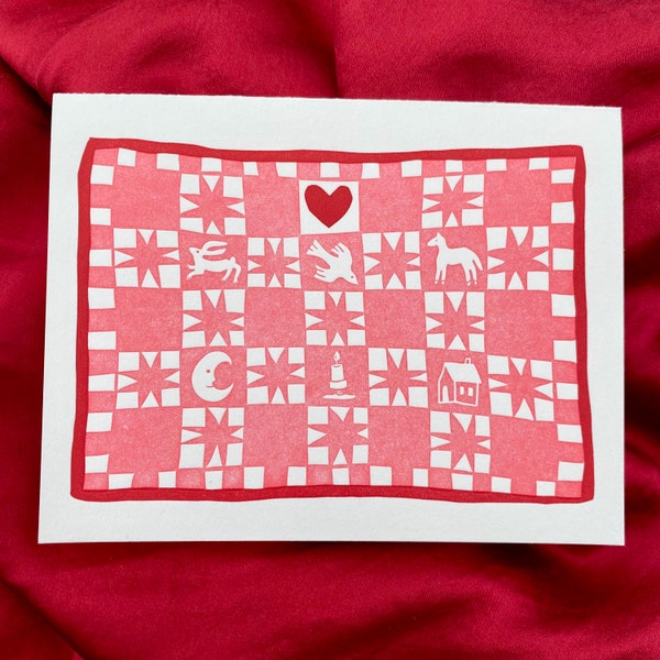 Quilt Love Letterpress Printed Card | Red and Pink Valentine's Day original linocut handmade cards set