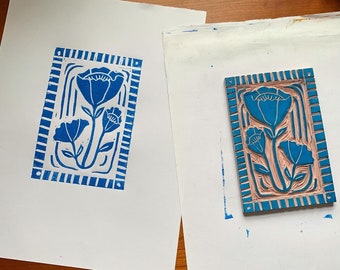 Boho folk art flower block print, hand printed linocut print