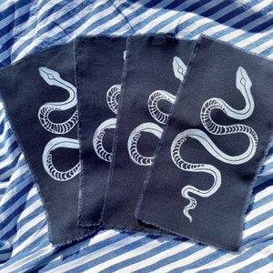 Snake Hand Printed Cotton Patch block print iron on patch for jacket punk accessories notions mending fabric cotton quilting square image 1