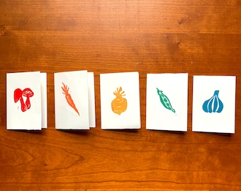 rainbow mini veggie hand printed cards | block printed original handmade tiny card set | vegetable linocut love notes