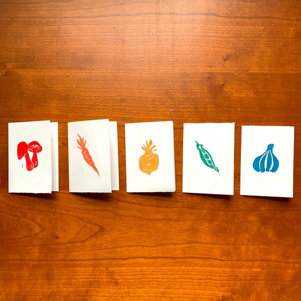 rainbow mini veggie hand printed cards | block printed original handmade tiny card set | vegetable linocut love notes