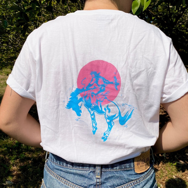 Hand-Printed Trans Cowboy T-shirt transgender flag shirt pink blue white western queer transmasc clothing comfy pride holiday gift image 1