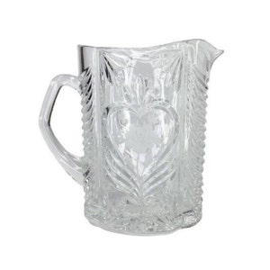 Vintage Heavy Cut-to-Clear Etched/Frosted Rose Heart Floral Crystal Pitcher, 9”