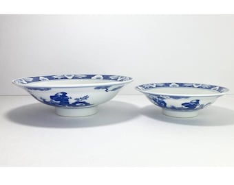 2 Footed Blue/White Lotus Porcelain Chinese Bowls, Jingdezhen c1970-80s, 7” & 9”