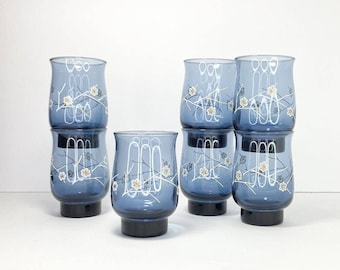 Libbey LRS10, Set of 7 Iced Tea Tumblers, 5 1/4” White Flowers on Blue Glass