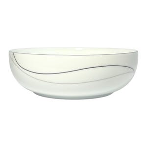 May include: A white ceramic bowl with a simple, elegant design. The bowl features two curved gray and black lines that flow across the surface. The bowl is a classic shape, perfect for serving soups, salads, or other dishes.