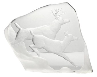 Mats Jonasson “Deer, Doe & Buck” Crystal Swedish Paperweight Sculpture 7” Signed