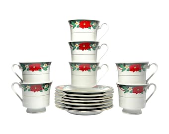 1980s Vintage Teinshan “Deck the Halls” 7 Porcelain Poinsettia Teacups & Saucers