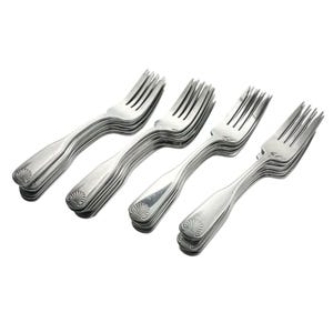 May include: A collection of shiny, silver forks arranged in four stacks. Each fork has a rounded handle with a decorative shell design at the base. The tines are evenly spaced, and the forks appear to be made of stainless steel.