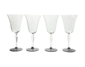 1950s Vintage 4 Ruby Red Footed Star Flower Etched Optic Wine Glasses 7 3/4” 8oz