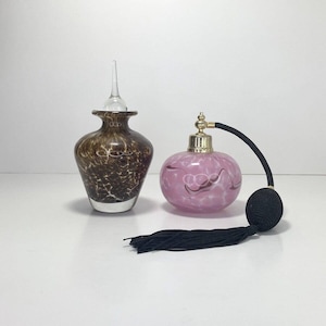 Vintage 1990’s Handblown Art Glass Pink/Brown Perfume Atomizer Vanity Set