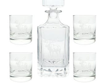 5-Piece Moose Elk Antlers Etched Decanter & Old Fashion Tumbler Set, Barware