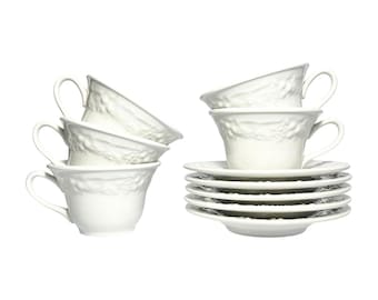 Homer Laughlin “Vintage (Grape)” 5 White Ceramic Teacups 2 1/2” 6oz & Saucers